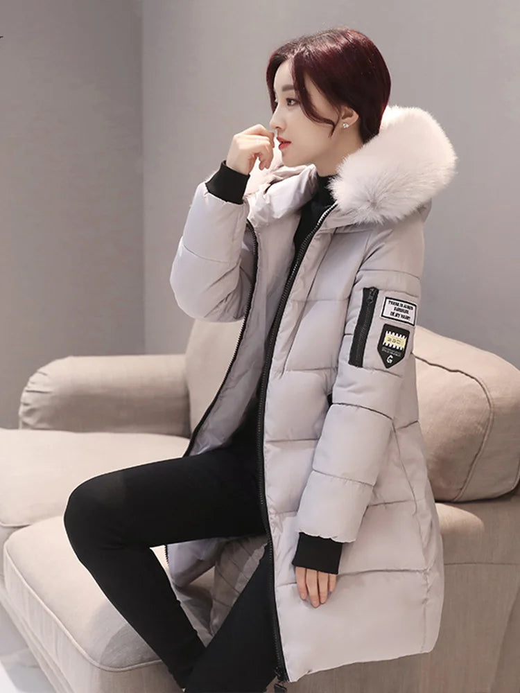 Winter Warm Fur Collar Hooded Women Parka Fashion Comfortable Zipper Pockets Design Long Jacket Elegant Slim Thick Female Coats