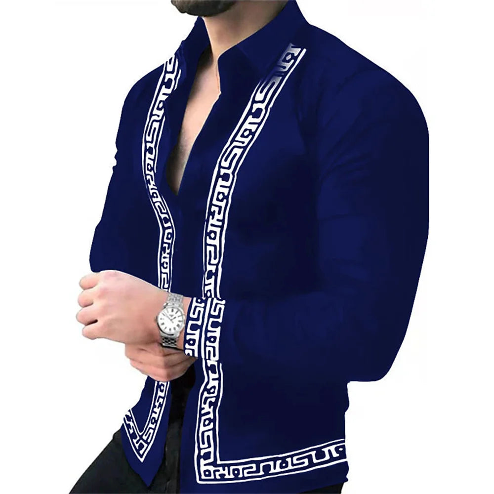 Geometric Pattern Men's Fashion Shirt Long Sleeve Slim Fit Trendy Casual Tops Men's Clothing Graffiti Streetwear Oversized S-5XL
