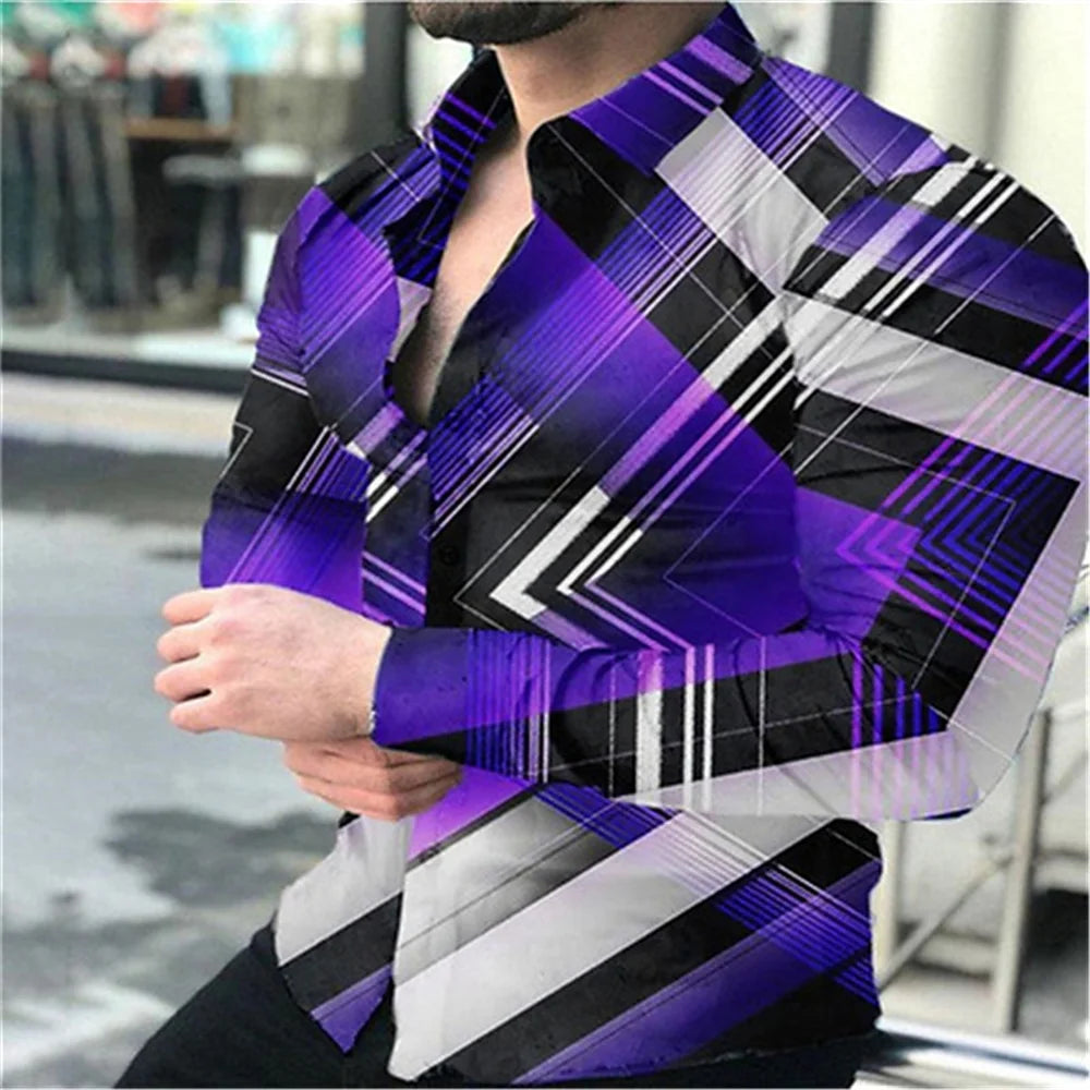 Geometric Pattern Men's Fashion Shirt Long Sleeve Slim Fit Trendy Casual Tops Men's Clothing Graffiti Streetwear Oversized S-5XL