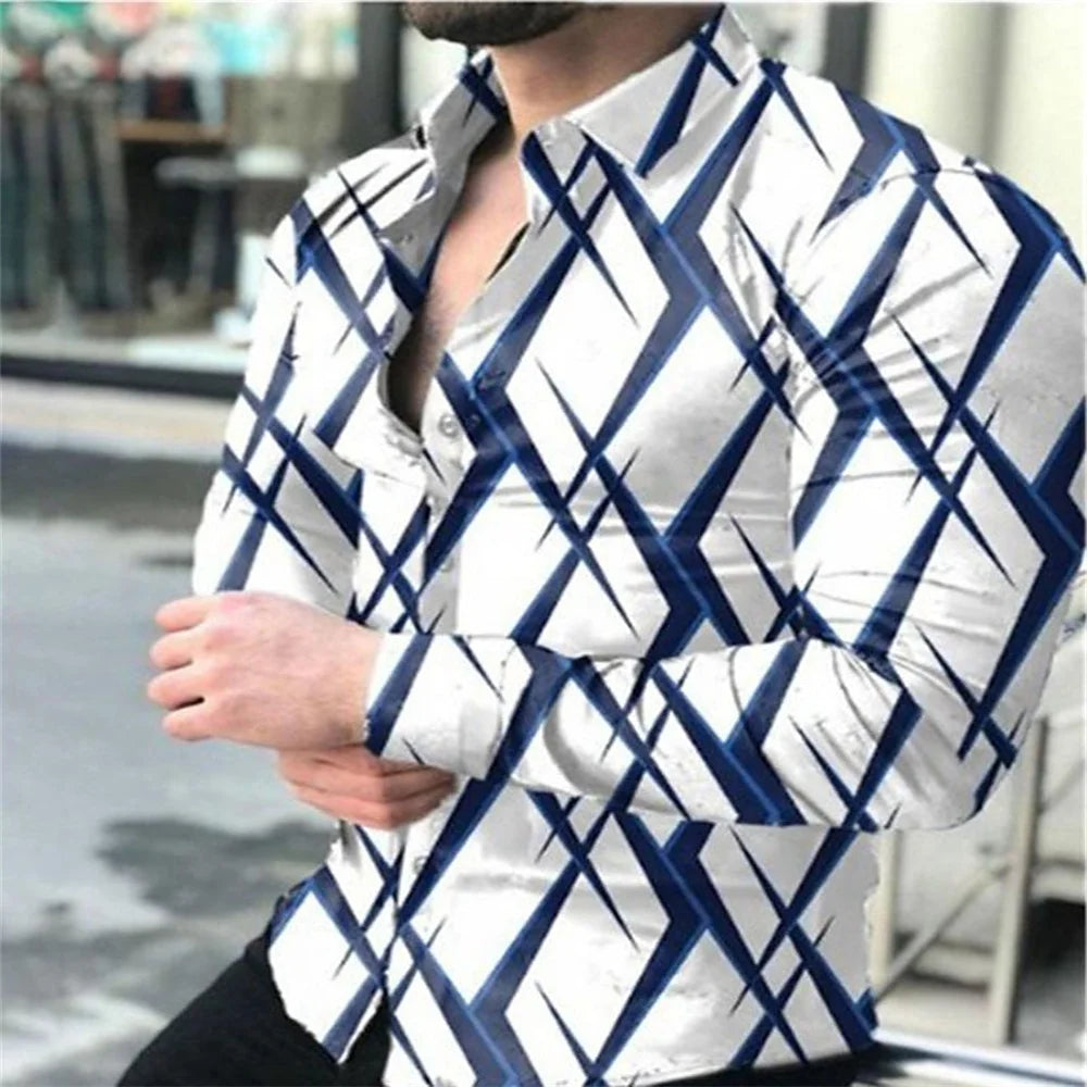 Geometric Pattern Men's Fashion Shirt Long Sleeve Slim Fit Trendy Casual Tops Men's Clothing Graffiti Streetwear Oversized S-5XL