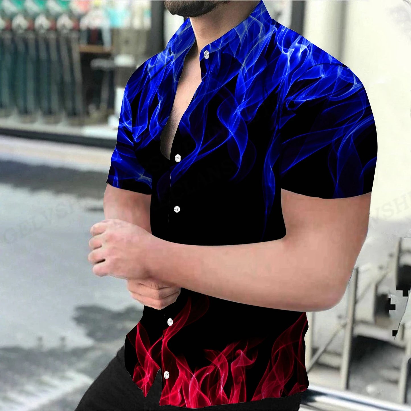 Men's Shirt Blue Flame 3d Printed Shirts Men Women Fashion Hawaiian Shirt Casual Beach Blouses Men's Vocation Lapel Blouse Boy