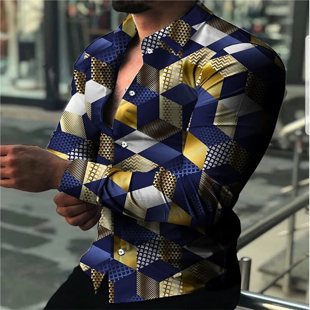 Geometric Pattern Men's Fashion Shirt Long Sleeve Slim Fit Trendy Casual Tops Men's Clothing Graffiti Streetwear Oversized S-5XL