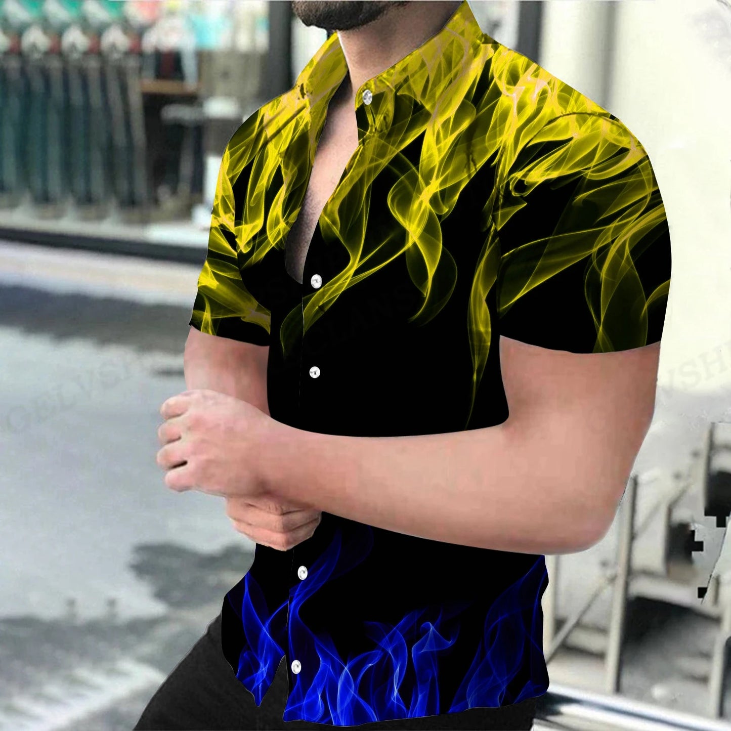 Men's Shirt Blue Flame 3d Printed Shirts Men Women Fashion Hawaiian Shirt Casual Beach Blouses Men's Vocation Lapel Blouse Boy