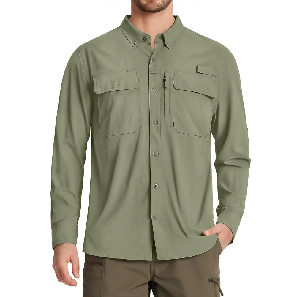 TACVASEN UPF 50+ Sun Protection Fishing Shirts Men's Quick Dry Long Sleeve Shirts Mesh Breathable Hiking Work Cargo Shirts
