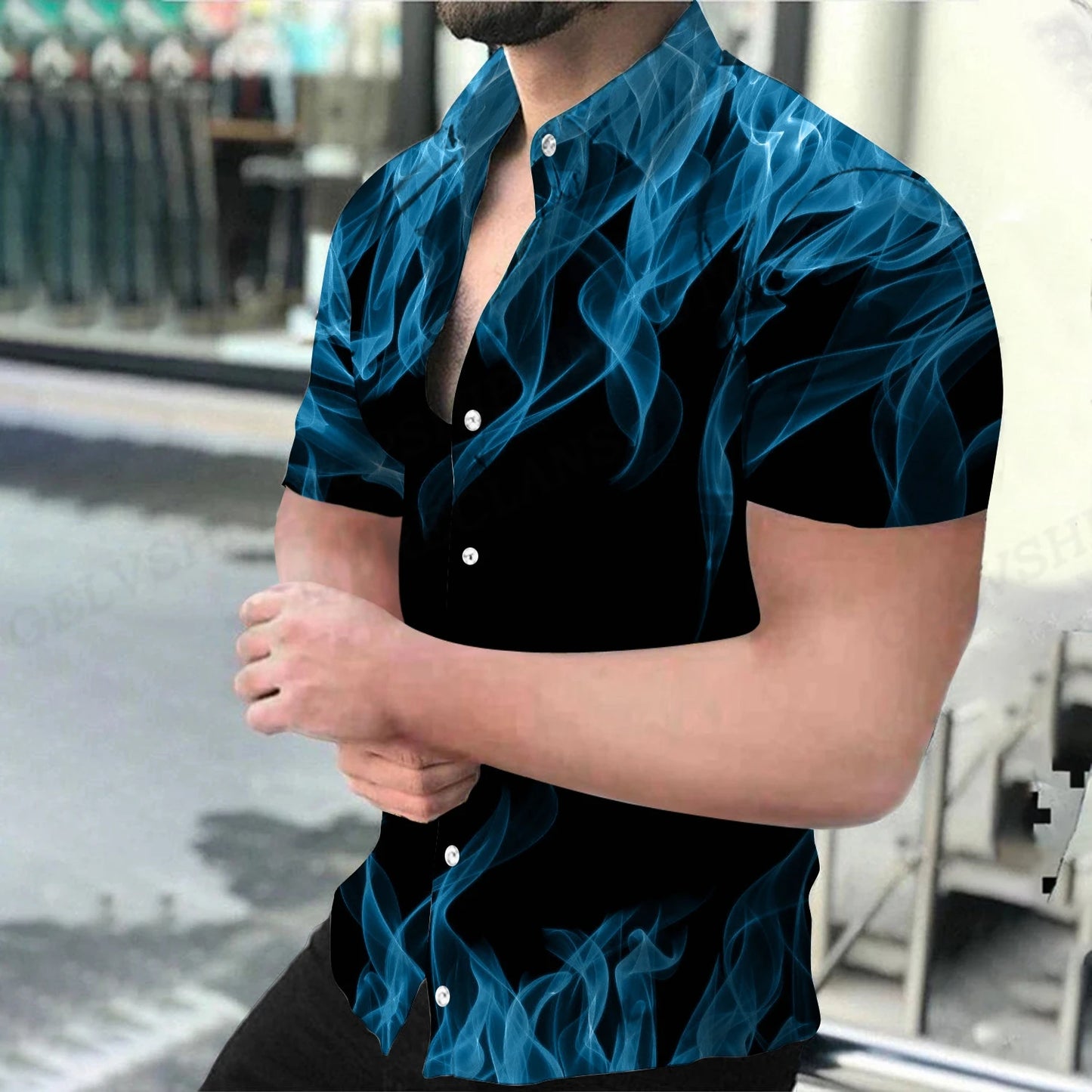 Men's Shirt Blue Flame 3d Printed Shirts Men Women Fashion Hawaiian Shirt Casual Beach Blouses Men's Vocation Lapel Blouse Boy