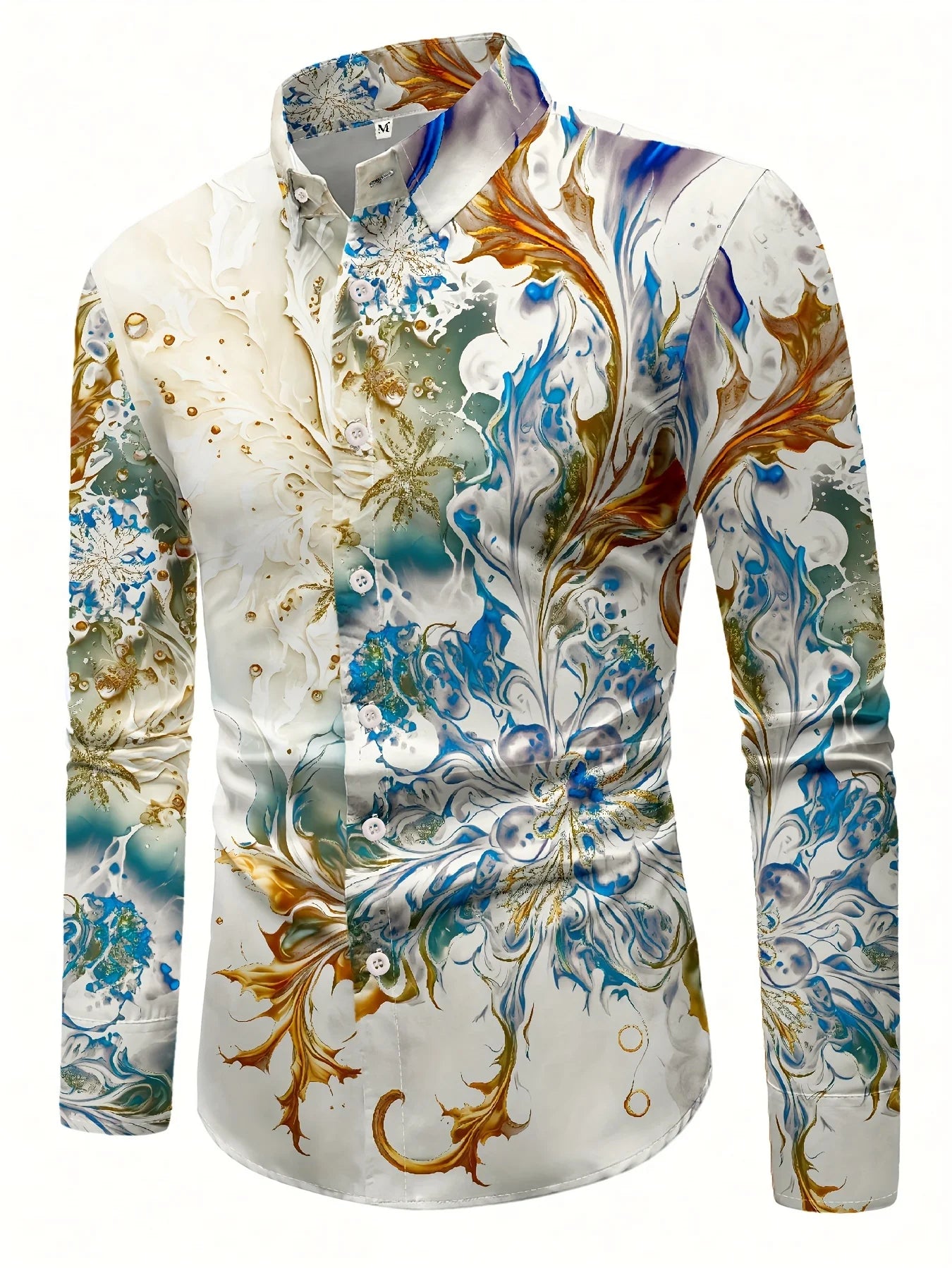Men's Geometric-Patterned Casual Button-Down Shirt - Polyester Blend, Lapel Collar, Non-Stretch Fabric Long Sleeve Shirt